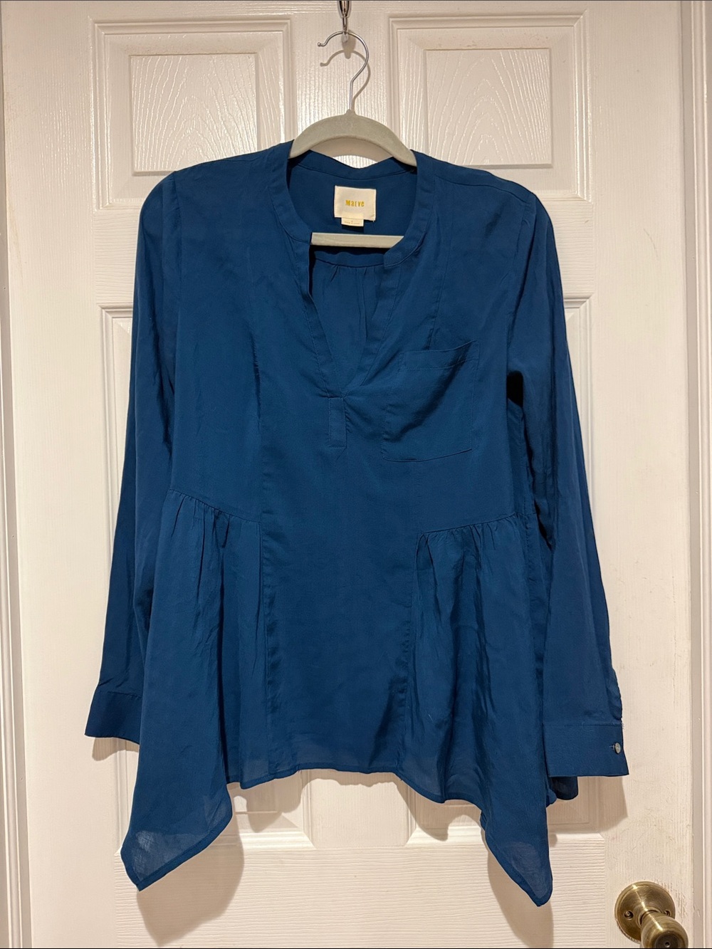 Maeve Teal Blue V-Neck Handkerchief Hem Blouse